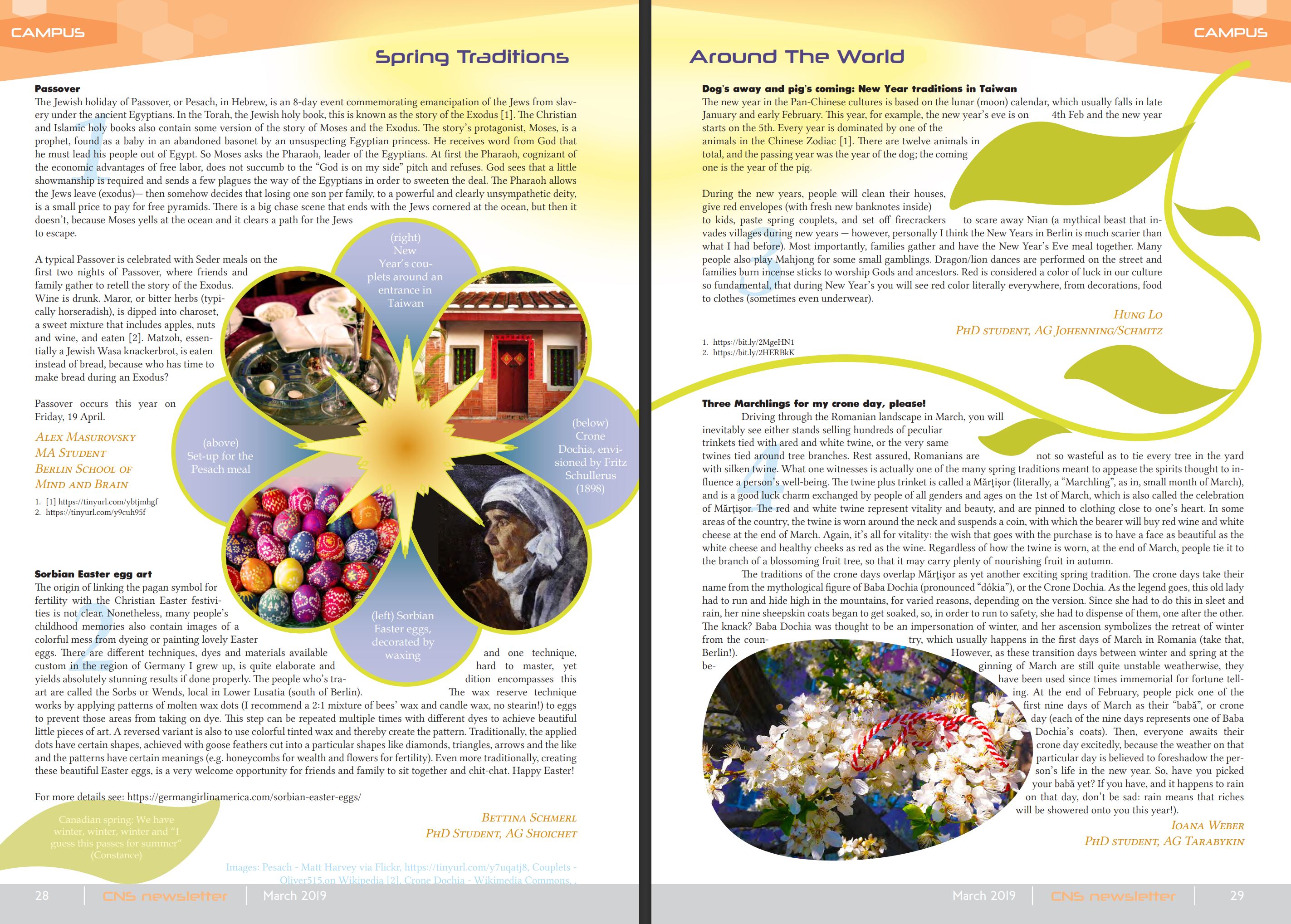 Page layout I created for a compound article about spring traditions around the world. Part of an issue of the CNS Newsletter: https://medical-neurosciences.charite.de/en/about_us/newsletter/