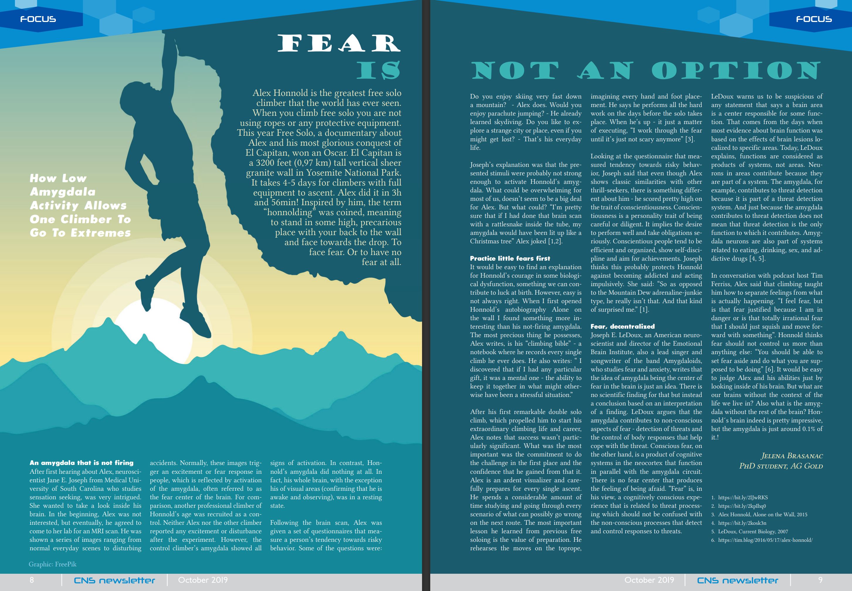 Page layout I generated for the article of a colleague about the free solo climber Alex Honnold. Part of an issue of the CNS Newsletter - https://medical-neurosciences.charite.de/en/about_us/newsletter/