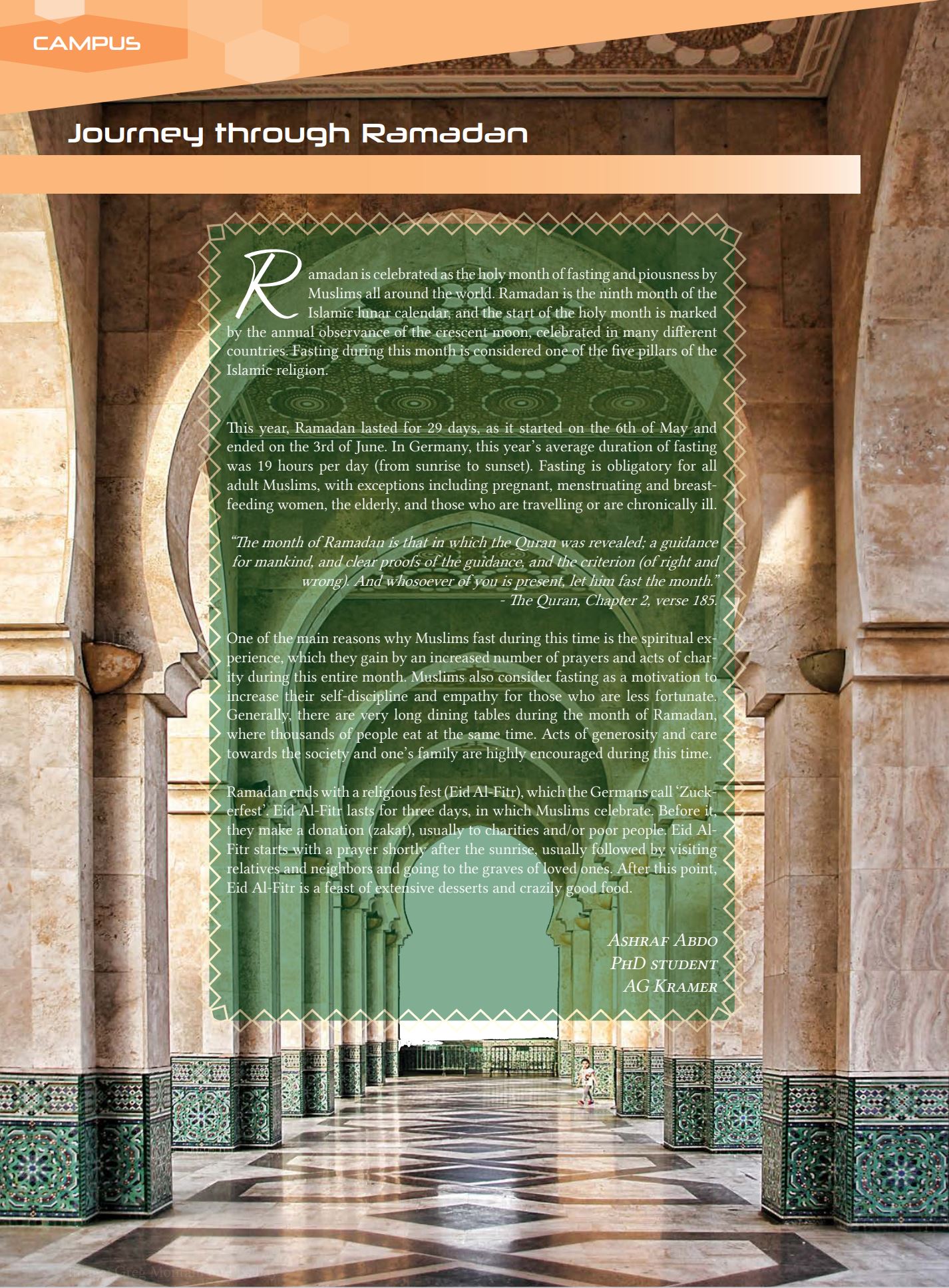 Page layout I generated for the article of a colleague about Ramadan. Part of an issue of the CNS Newsletter - https://medical-neurosciences.charite.de/en/about_us/newsletter/
