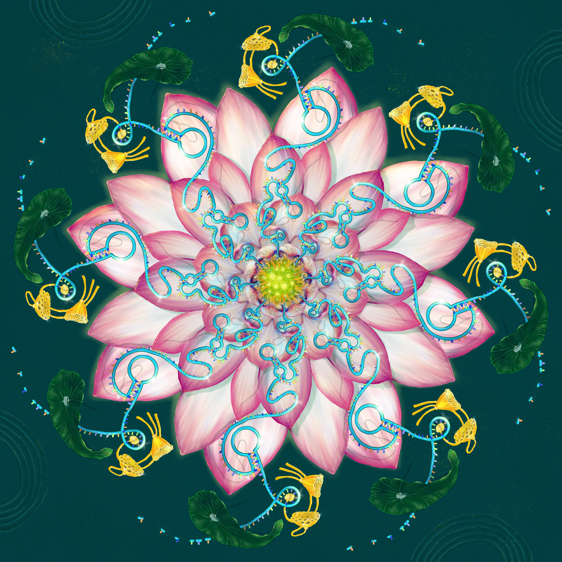 An illustration I made for a professor and friend. Her lab researches a protein called UPF1. UPF1 (symbolized here by the golden lotus pods) unwinds RNAs (blue and confetti ribbons) in our cells when they are not in optimal shape anymore (leaving the lotus surface). This then allows other proteins known as exonucleases (lotus leaves) to disassemble the RNAs into their smallest units, ribonucleotides (tiny floating ships), which can be reused to create new RNAs. Also, she is originally from India, which is why I chose India's national flower, the lotus, as the focal point for the artwork.