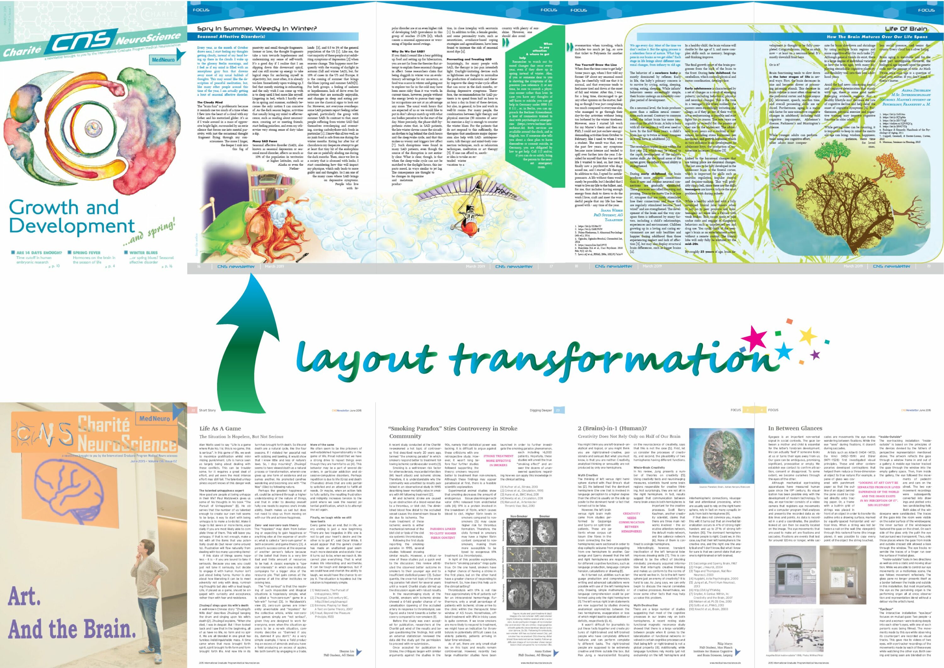 When I took over co-editing the CNS Newsletter, I decided it was time for a layout revamp (top: my new layout design, bottom: previous design). See more examples at https://medical-neurosciences.charite.de/en/about_us/newsletter/ I started out as co-editor-in-chief in 2019. Issues later than 2020 are layouted by my successors on the basis of my layout design.